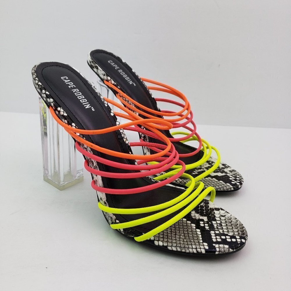 Cape Robbin Fia Womens 7.5 Neon Multi Colored Slip On Party 4.5" Heeled Sandals